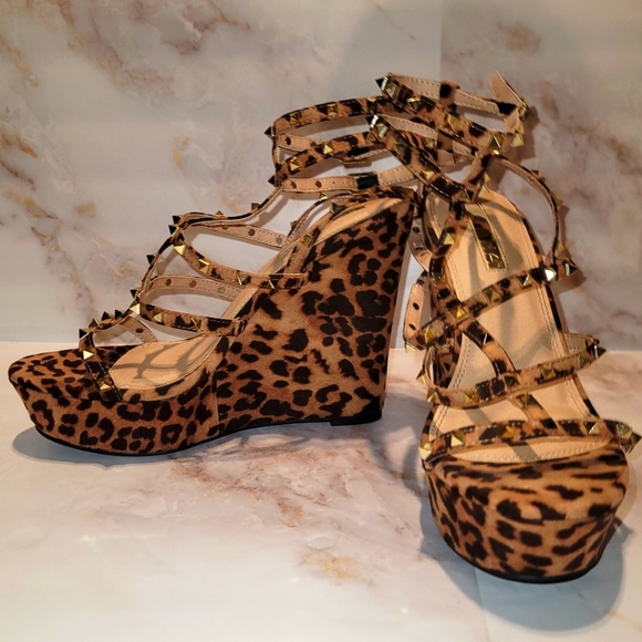 Studded Strappy Cheetah Wedges - Picture 3 of 10